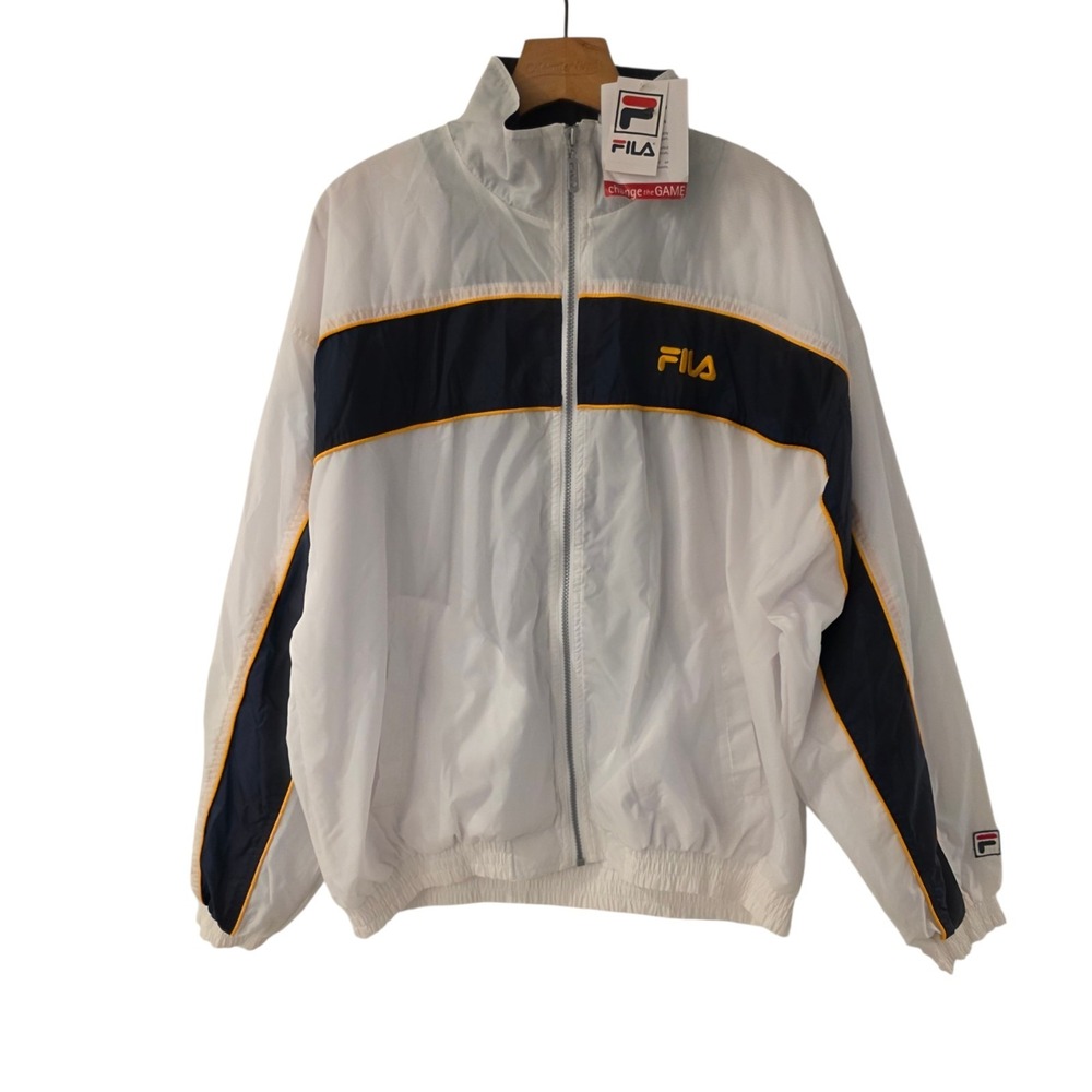 Vintage FILA Windbreaker Jacket White‎ Navy Blue Nylon Lined 90s Large NEW NWT